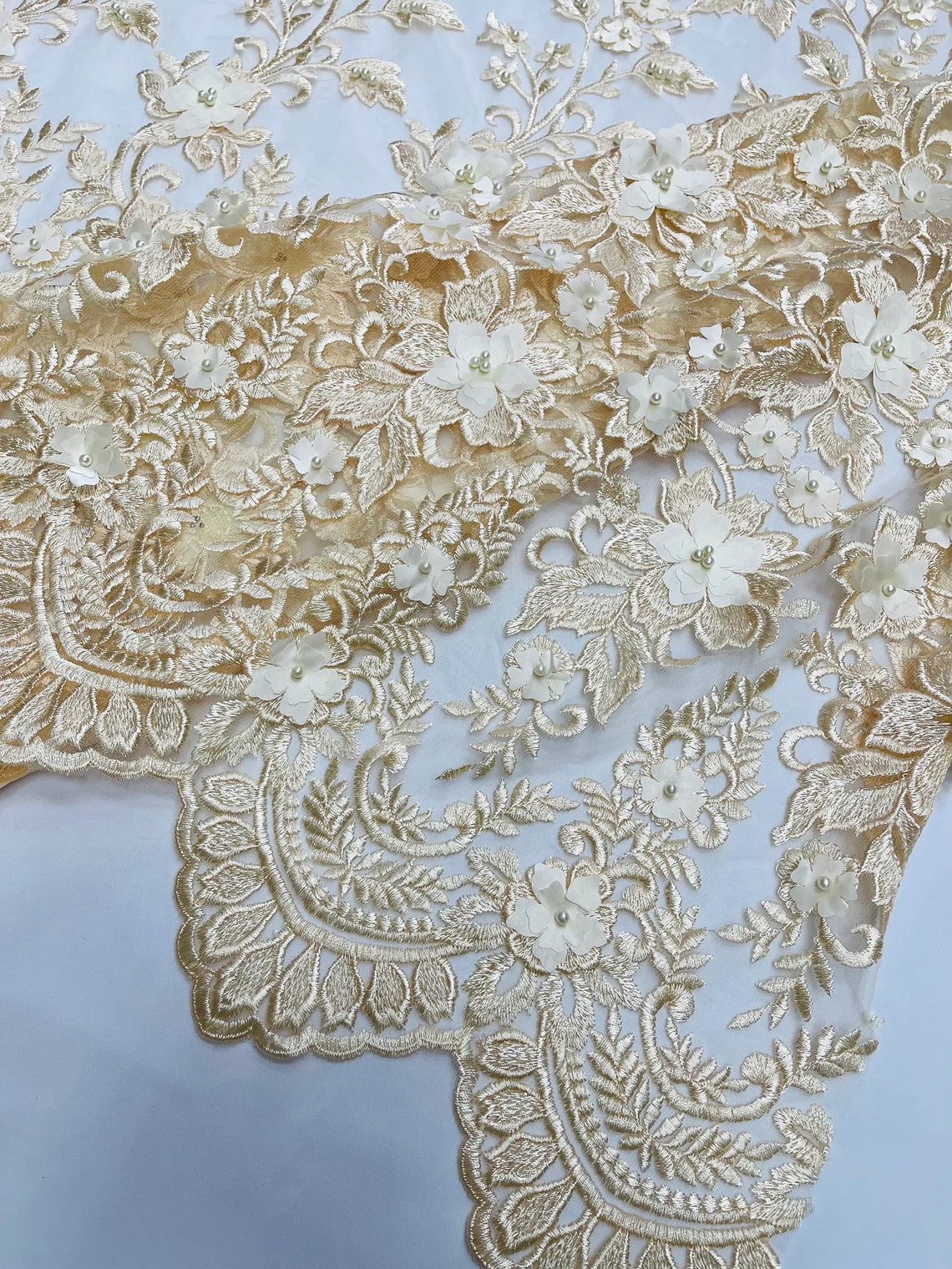 3D Scalloped Border Fabric - Champagne - 3D Flowers Embroidered on Lace Sold By Yard