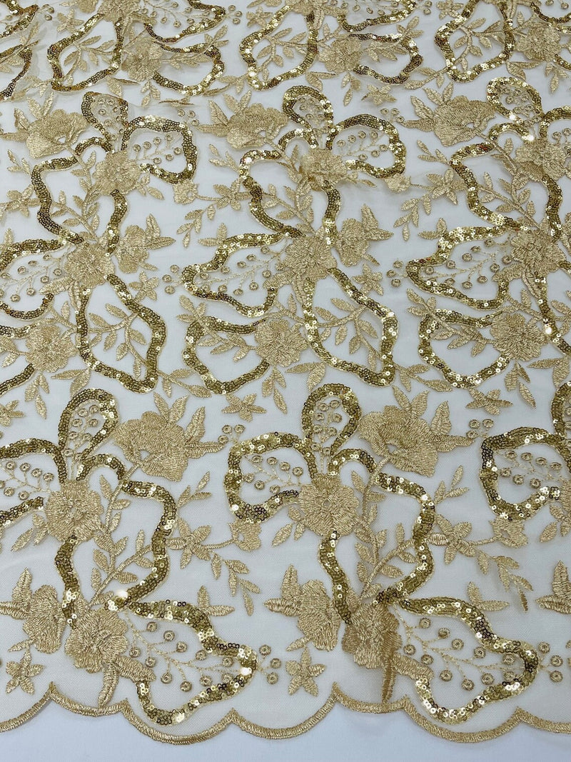 Small Flower Sequins Lace Fabric - Champagne - Embroidered Floral Pattern Fabric with Sequins on Lace By Yard