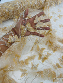 3D Butterfly Beaded Fabric - Champagne - Beaded Sequins Butterfly Embroidered Fabric By Yard