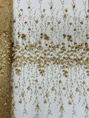 3D Flower Glitter Fabric - Champagne - Flower Design on Glitter Mesh Fabric Sold By Yard