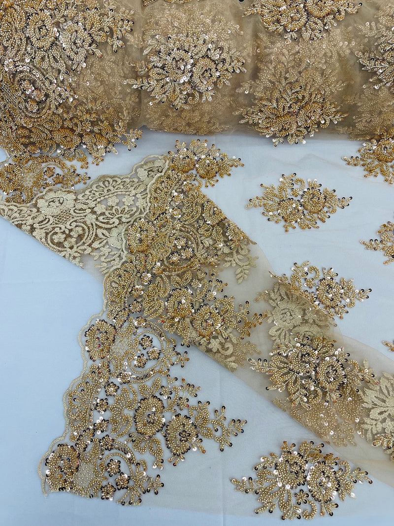 Heavy Beaded Floral Fabric - Champagne - Luxury Heavy Duty Bead Bridal Floral Cluster Lace Fabric by the yard