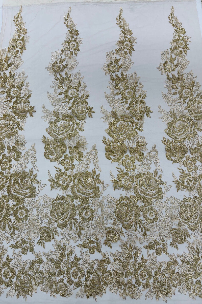 Rose Glitter Fabric - Champagne - 3D Glitter Rose Tulle Fabric for Wedding, Quinceañera By Yard