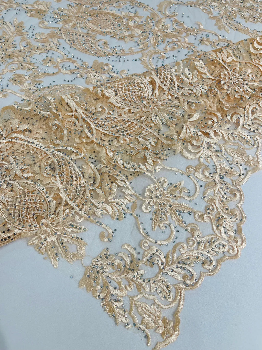 Damask Rhinestone Fabric - Champagne - Beaded Embroidery Corded Lace Fabric Sold by Yard