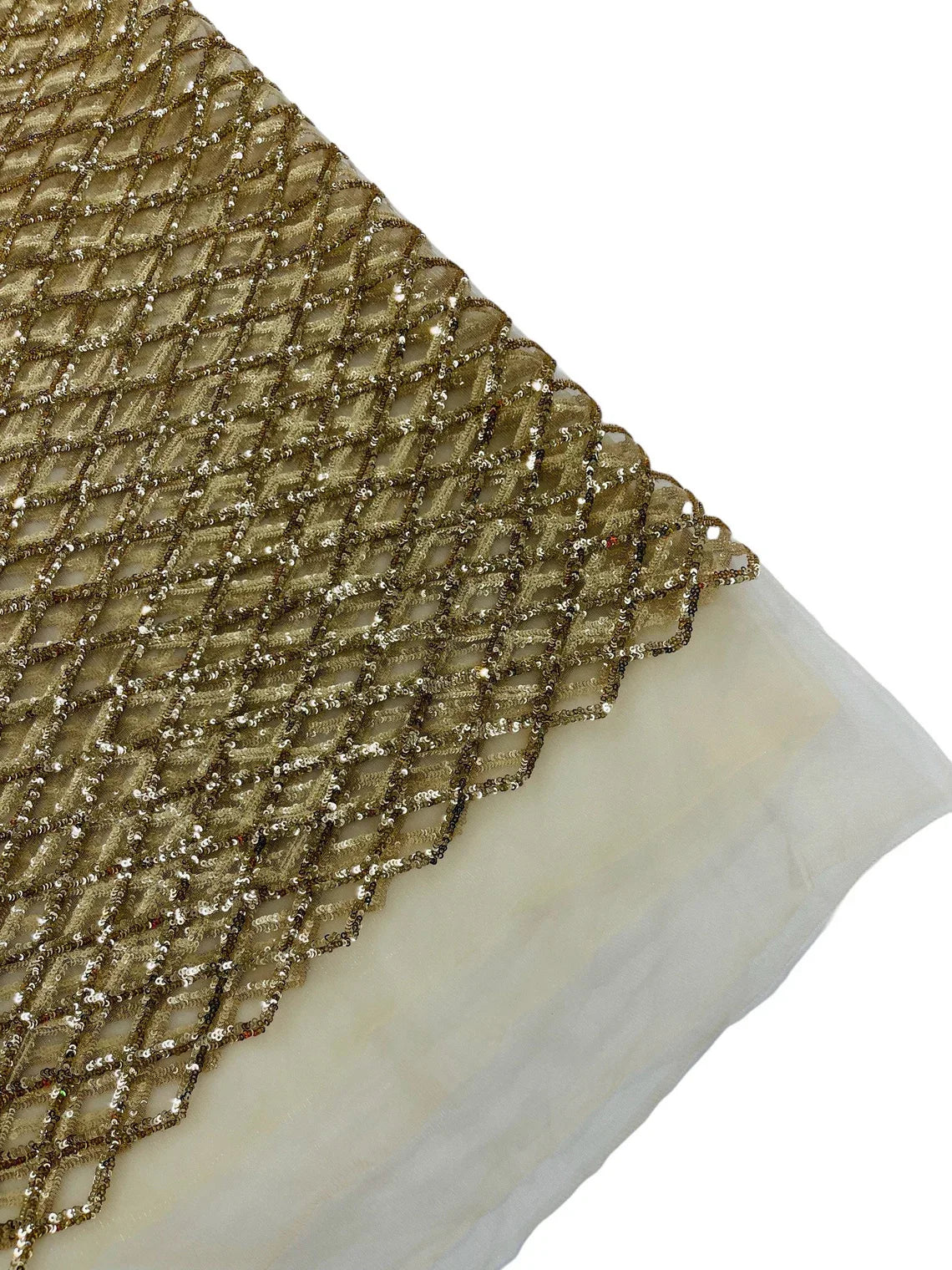 Diamond Sequins Fabric - Champagne - Diamond Geometric Net Design on Mesh Lace Fabric By Yard