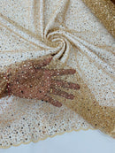 3D Beaded Mesh Fabric - Champagne - Embroidered Beaded Lace Mesh Fabric with Small Sequins Sold By Yard