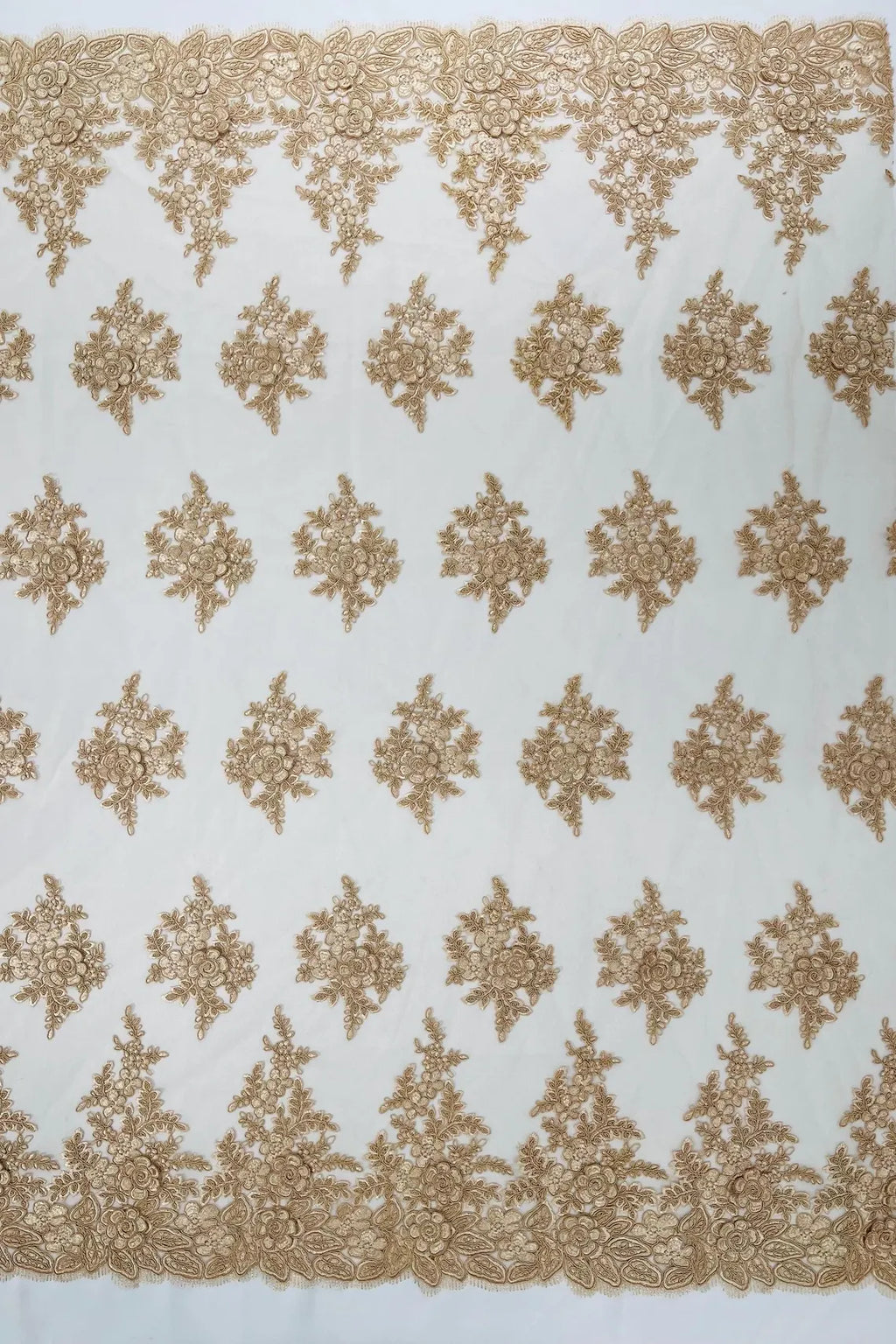 Corded Floral 3D Fabric - Champagne - Embroidered Floral Design on Lace Mesh Fabric by Yard