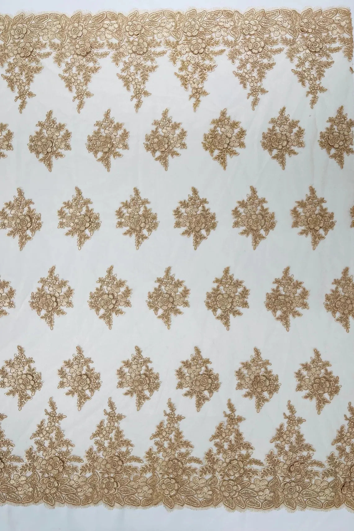Corded Floral 3D Fabric - Champagne - Embroidered Floral Design on Lace Mesh Fabric by Yard