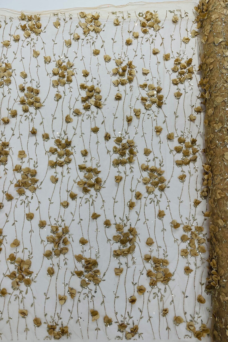 3D Glitter Floral Fabric - Champagne - 3D Flowers with Sequins and Glitter on Mesh Sold By Yard