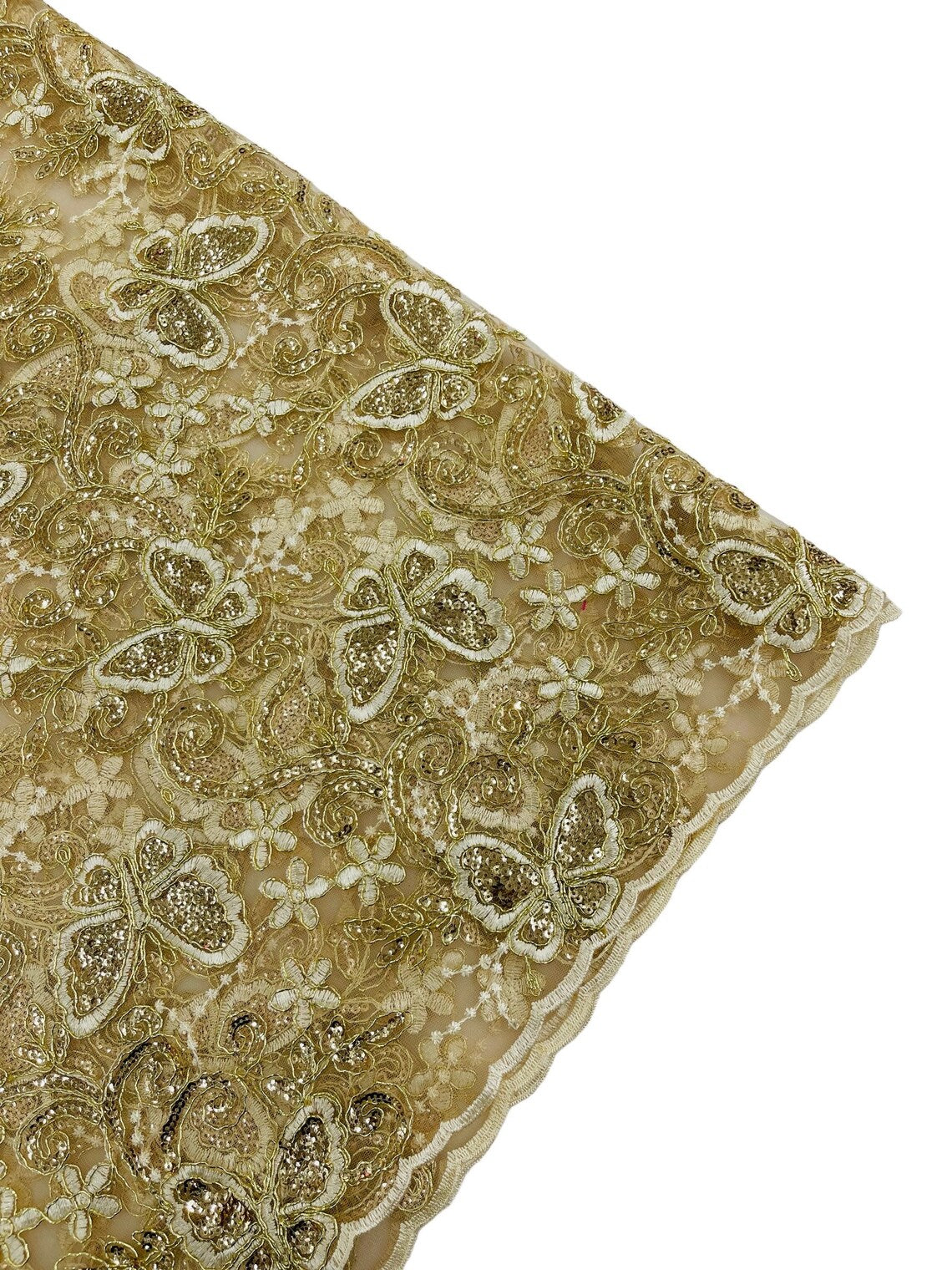 Butterfly Sequins Fabric - Champagne - Metallic Floral Butterfly Design on Lace Fabric By Yard