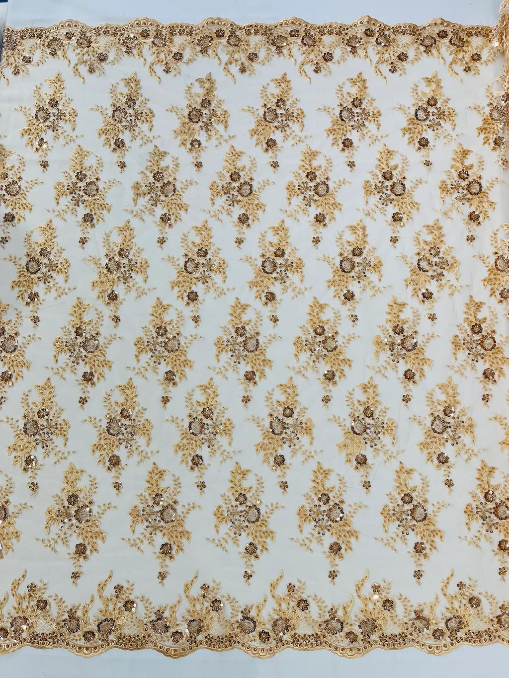 Beaded Flower Sequins Fabric - Champagne - Embroidered Beaded Floral Clusters Sequins Fabric By Yard