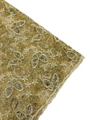 Butterfly Sequins Fabric - Champagne - Metallic Floral Butterfly Design on Lace Fabric By Yard