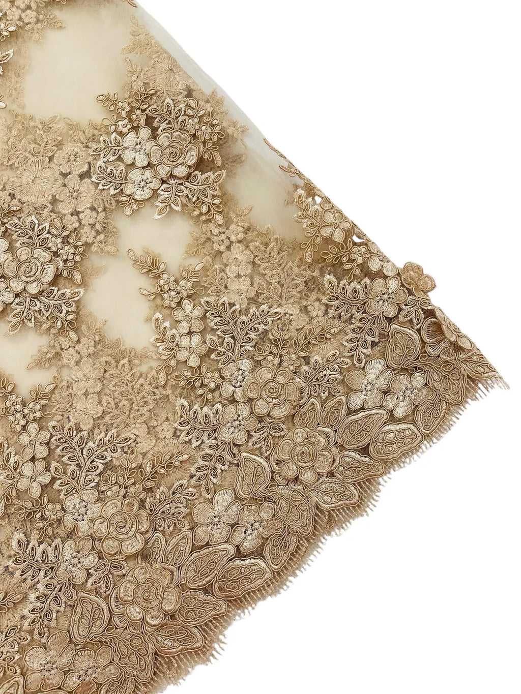 Corded Floral 3D Fabric - Champagne - Embroidered Floral Design on Lace Mesh Fabric by Yard