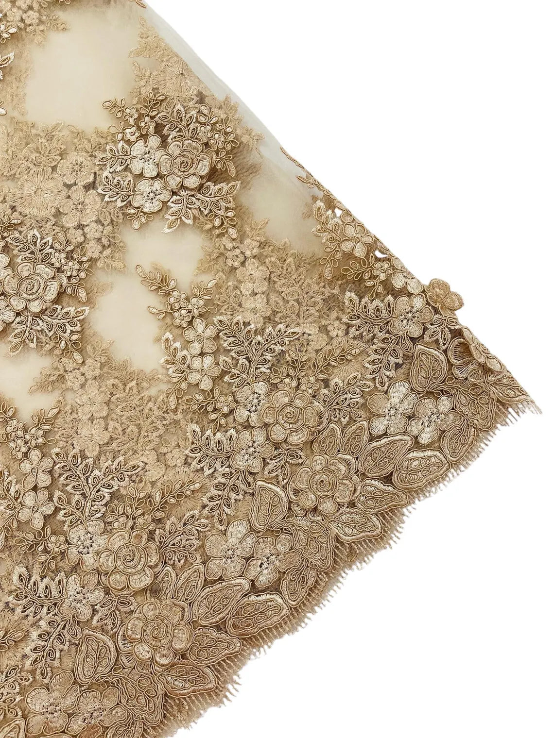 Corded Floral 3D Fabric - Champagne - Embroidered Floral Design on Lace Mesh Fabric by Yard