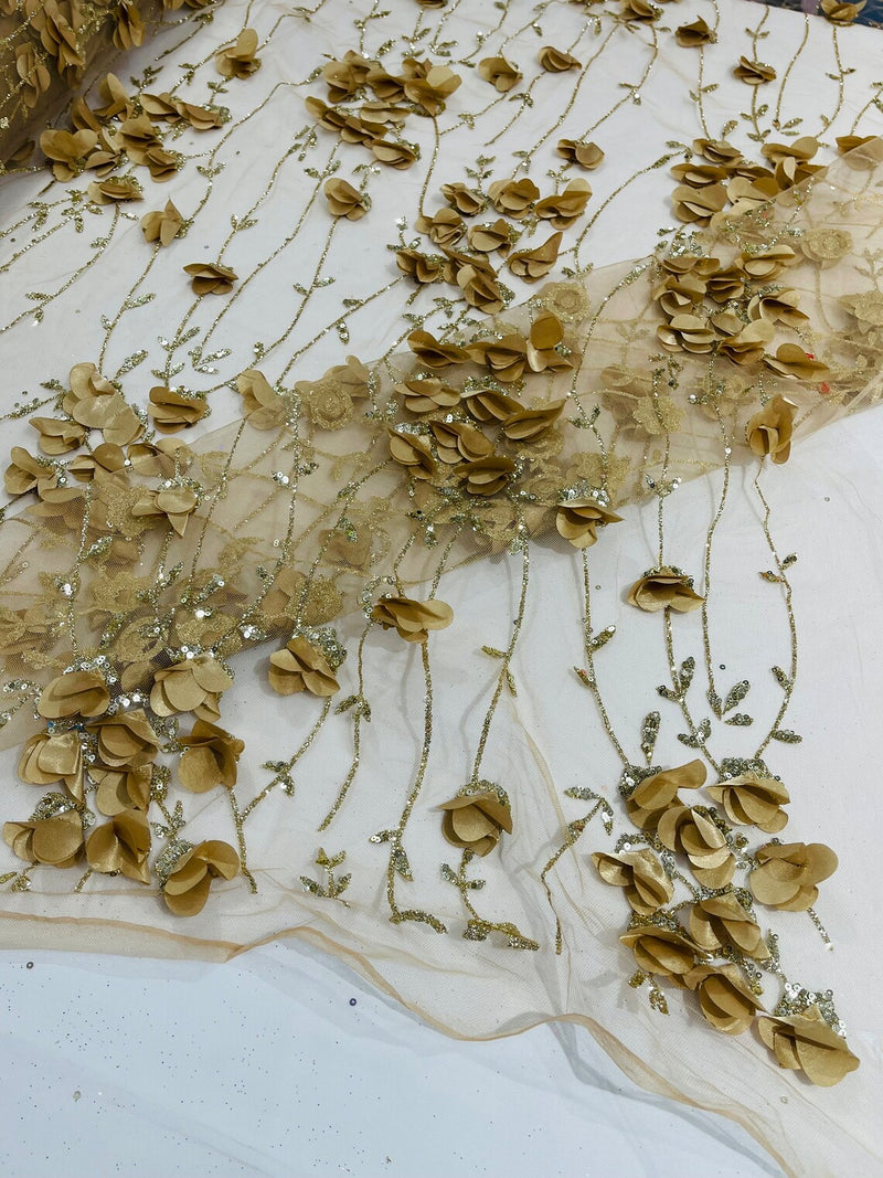 3D Glitter Floral Fabric - Champagne - 3D Flowers with Sequins and Glitter on Mesh Sold By Yard