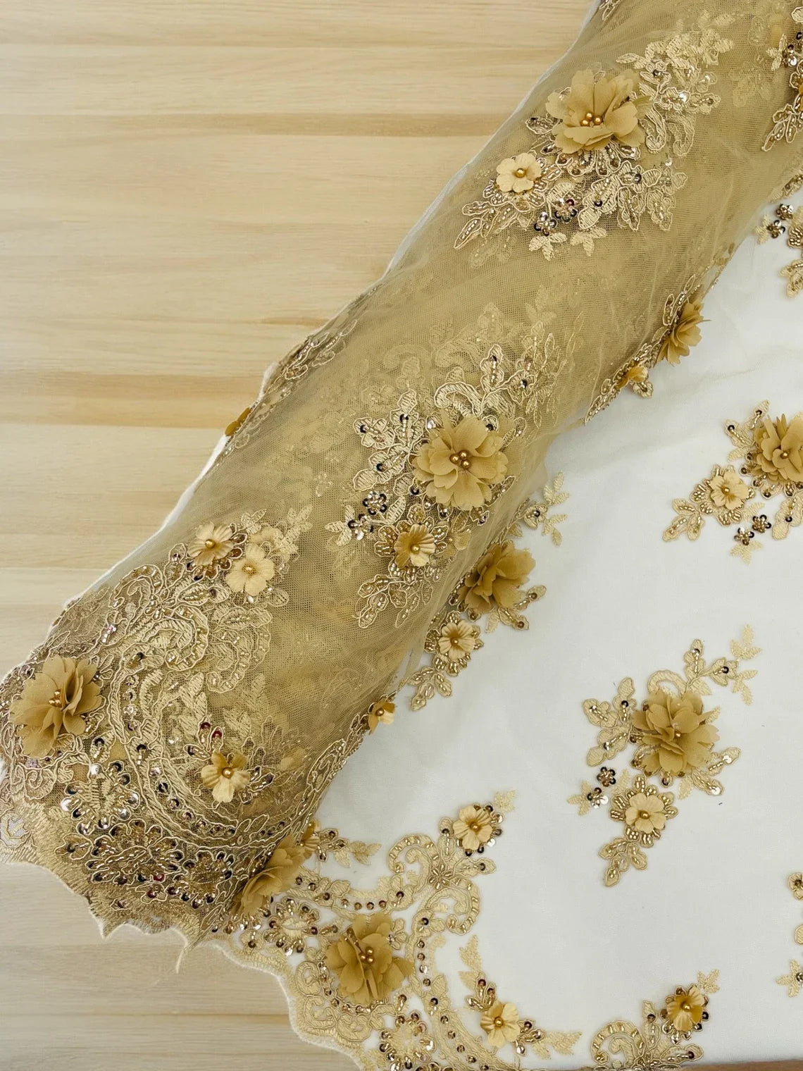 3D Floral Pearl Design - Champagne - Floral Embroidered Pearls and Sequins Fabric By Yard