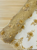 3D Floral Pearl Design - Champagne - Floral Embroidered Pearls and Sequins Fabric By Yard