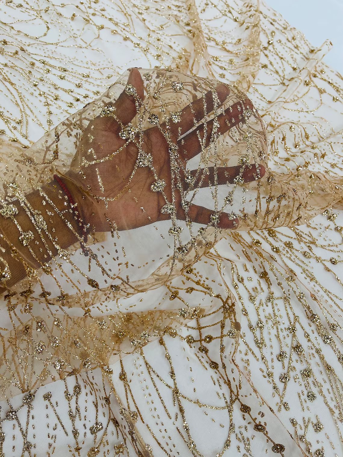 Tulle Glitter Fancy Line Fabric - Champagne - Tulle Fabric with Sparkle Glitter Design Sold By Yard