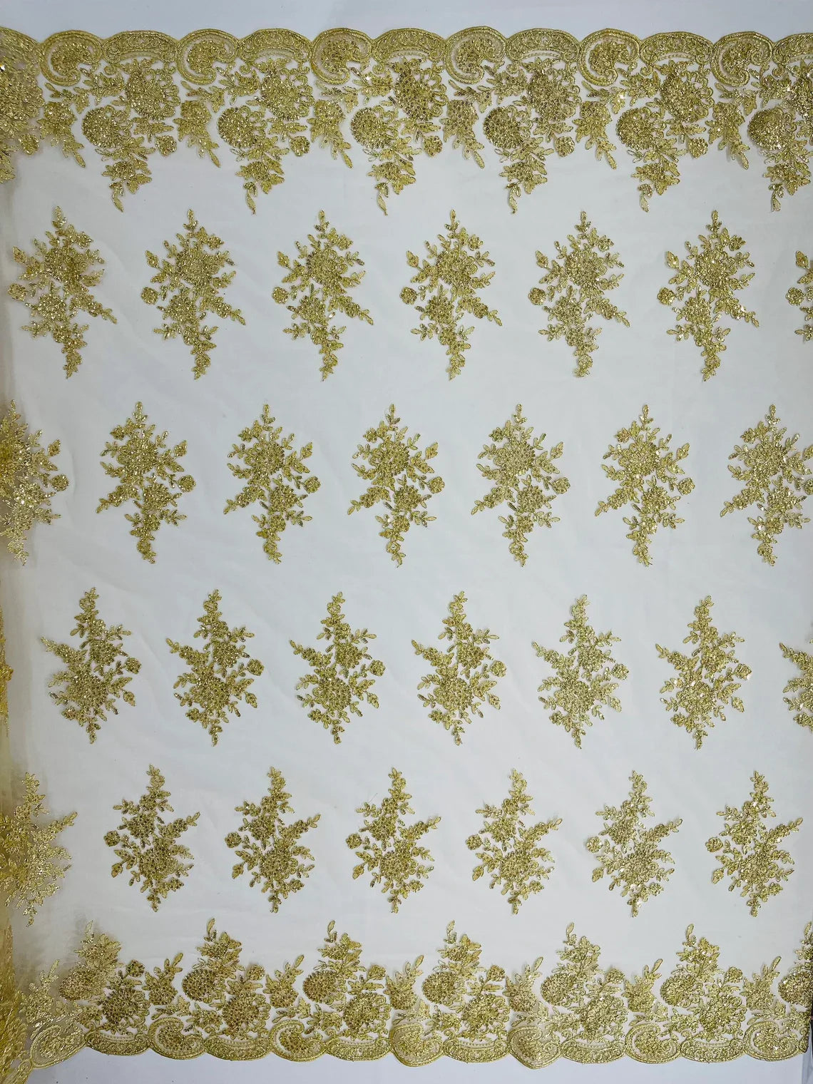 Floral Lace Flower Fabric - Champagne - Floral Embroidered Fabric with Sequins on Lace By Yard