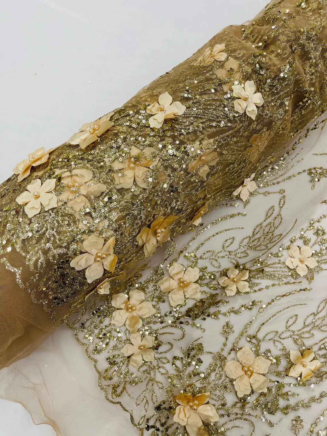 3D Glitter Floral Design Fabric - Champagne - Floral Line Design Embroidered Sequins Fabric by Yard