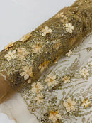 3D Glitter Floral Design Fabric - Champagne - Floral Line Design Embroidered Sequins Fabric by Yard