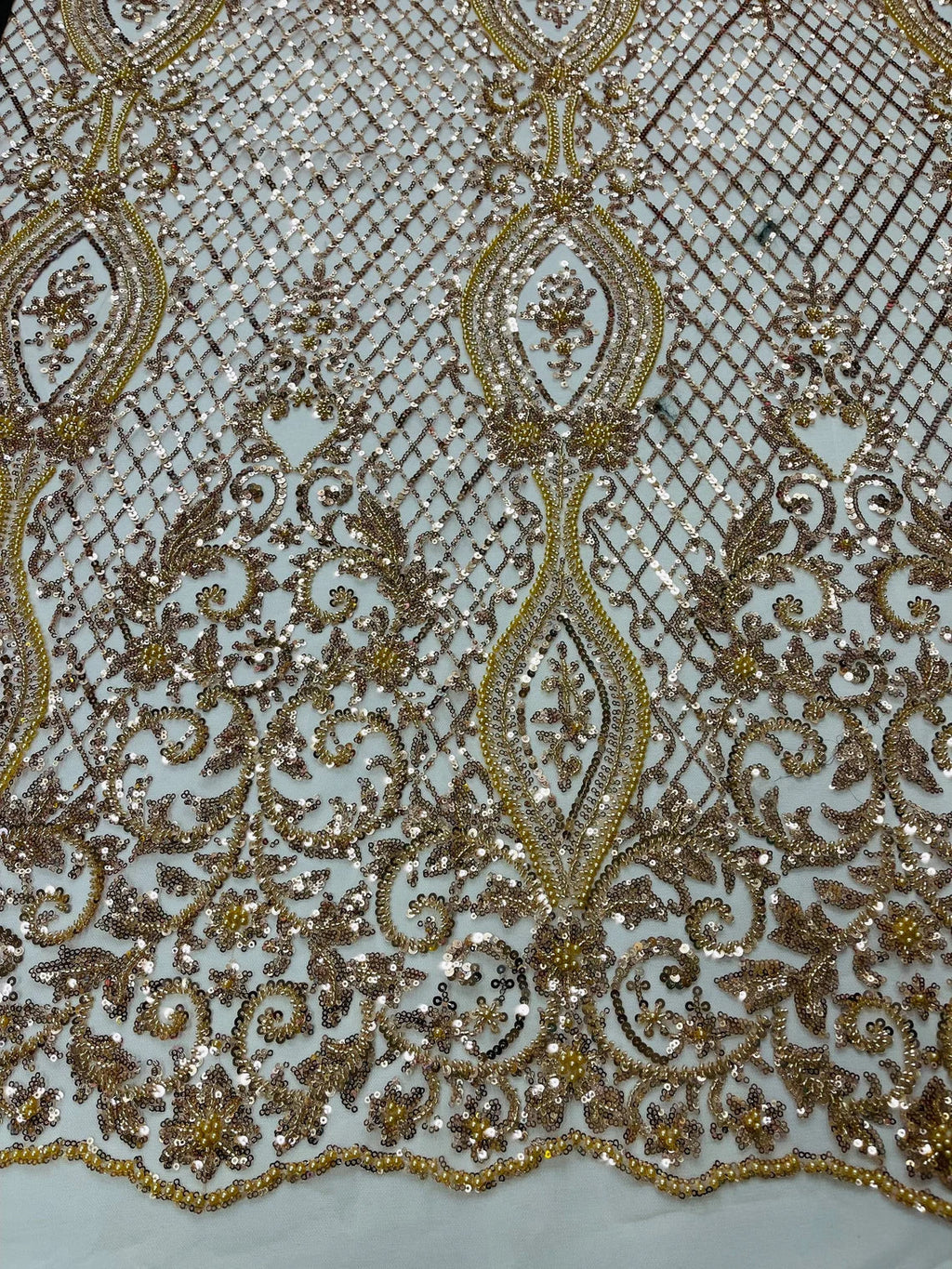 Bead Fashion Damask Fabric - Champagne - Beaded Sequins Geometric Design on Mesh Sold By Yard