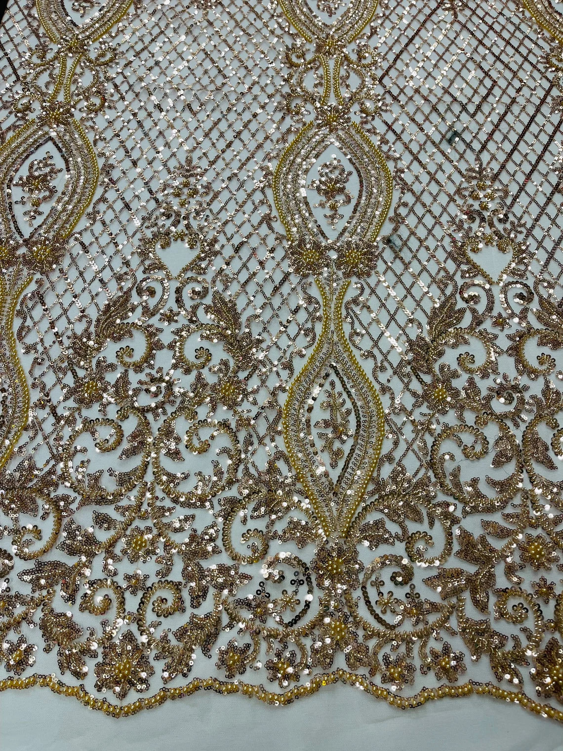 Bead Fashion Damask Fabric - Champagne - Beaded Sequins Geometric Design on Mesh Sold By Yard