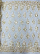 3D Fancy Floral Design Fabric - Champagne - 3D Flower Fabric with Small Beads on Lace Sold By Yard