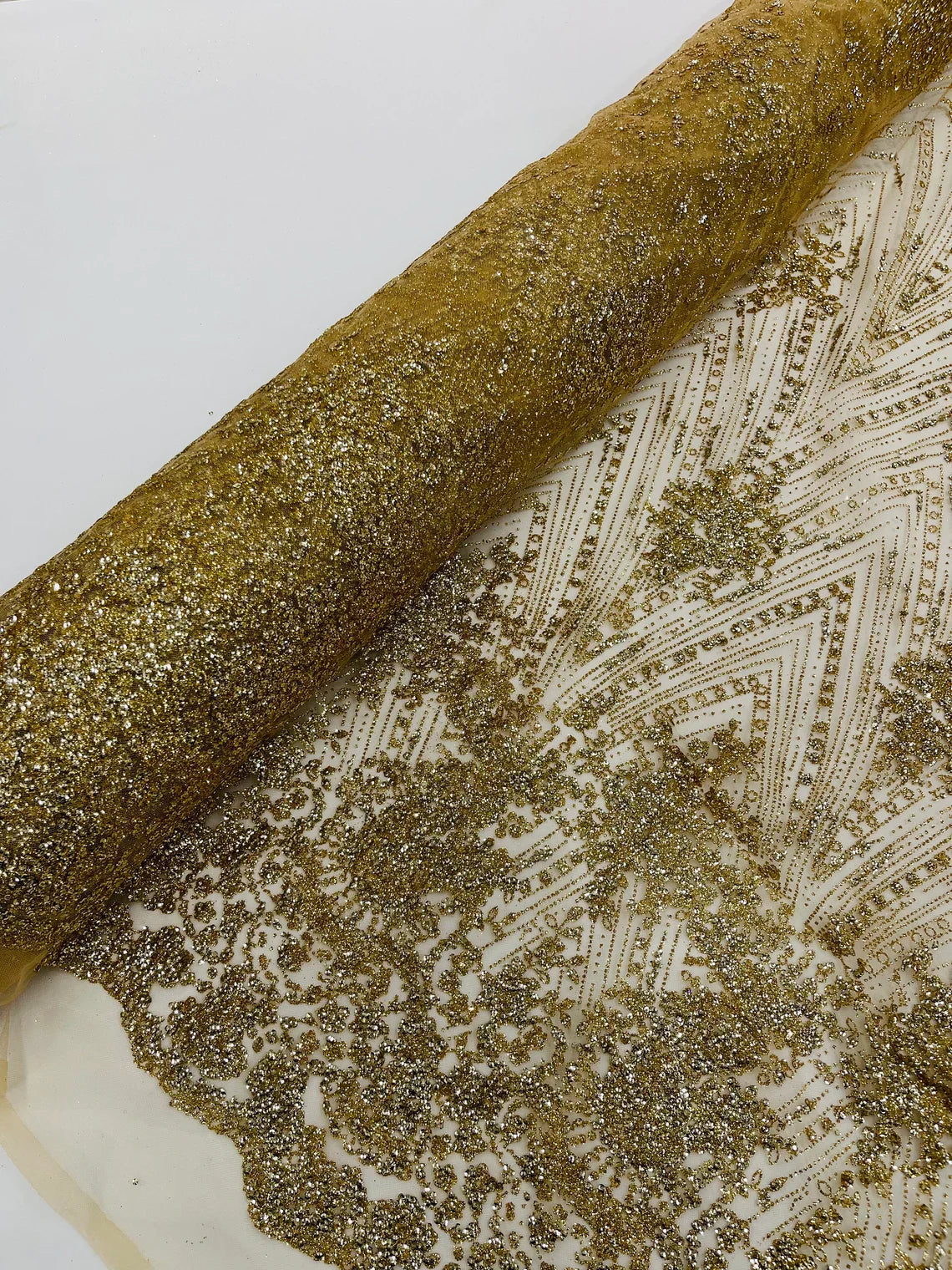 Damask Glitter Fabric - Champagne - Geometric Glitter Design Fabric on Mesh by Yard