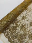 Damask Glitter Fabric - Champagne - Geometric Glitter Design Fabric on Mesh by Yard