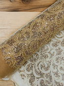 Beaded Swirl Design Fabric - Champagne - Swirl Design with Beads and Sequins on Lace by Yard