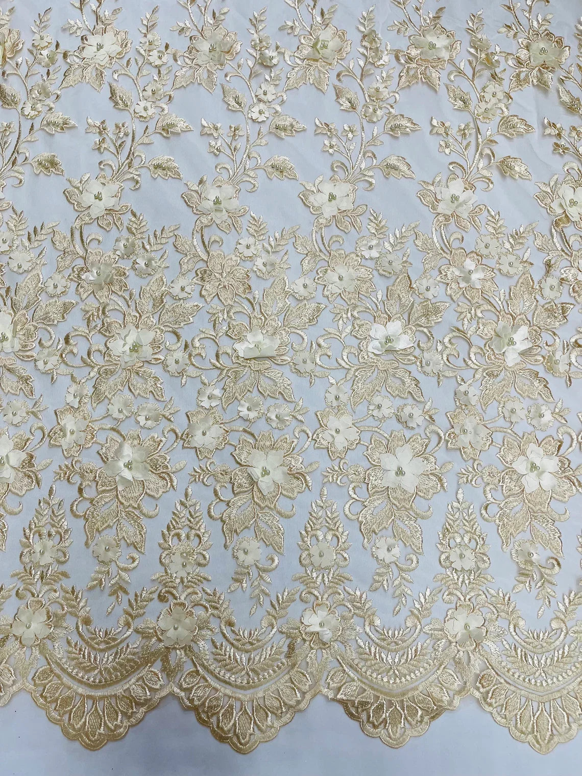 3D Scalloped Border Fabric - Champagne - 3D Flowers Embroidered on Lace Sold By Yard