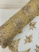 Beaded Floral Fabric - Champagne - Floral Cluster Design Fabric with Damask Border by Yard