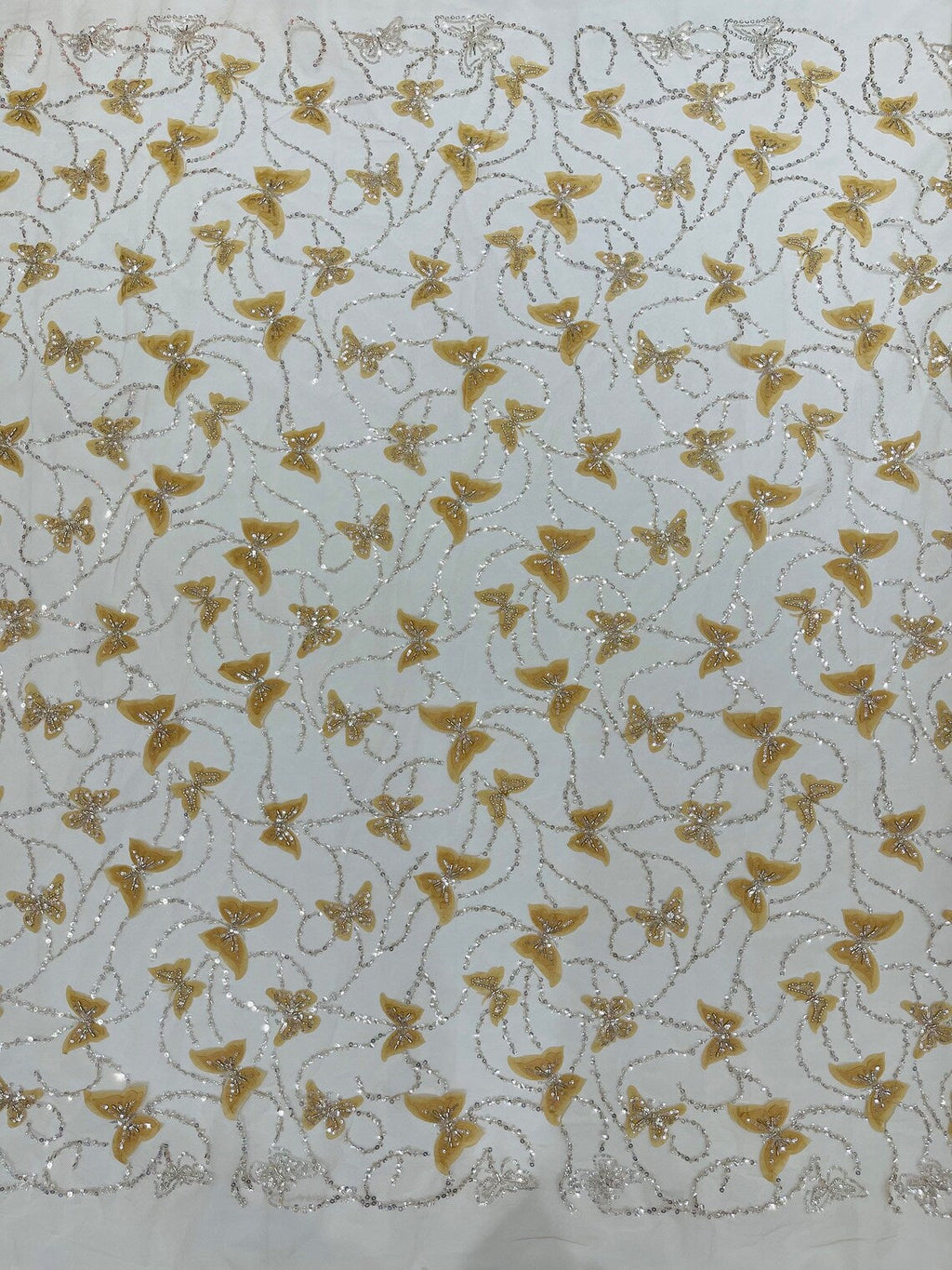 3D Butterfly Beaded Fabric - Champagne - Beaded Sequins Butterfly Embroidered Fabric By Yard