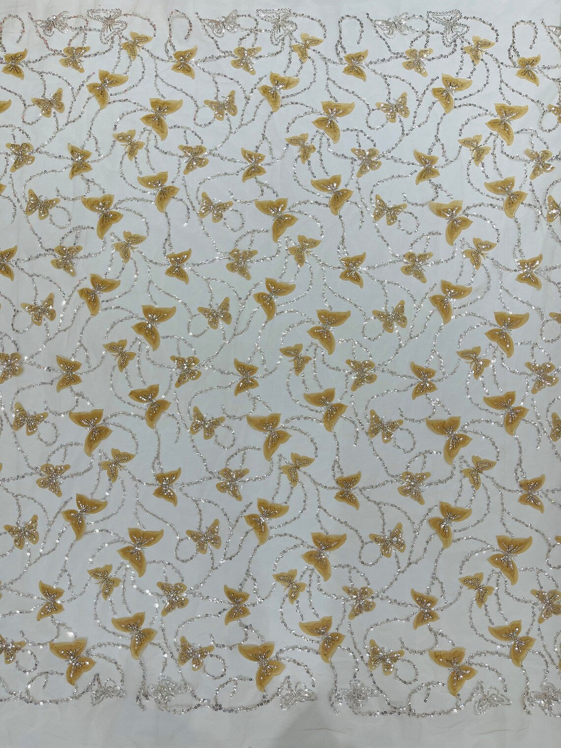 3D Butterfly Beaded Fabric - Champagne - Beaded Sequins Butterfly Embroidered Fabric By Yard