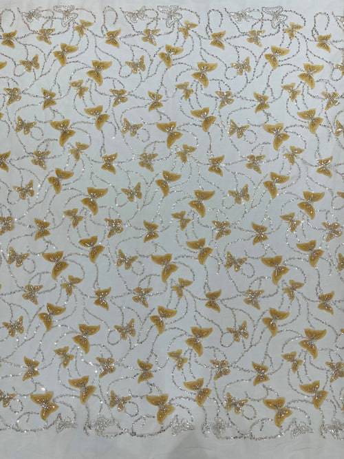3D Butterfly Beaded Fabric - Champagne - Beaded Sequins Butterfly Embroidered Fabric By Yard