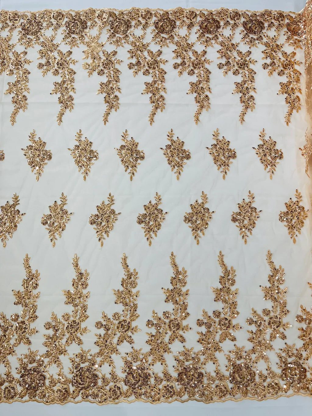 Beaded Rose Flower Fabric - Champagne - Embroidered Beaded Long Border Floral Fabric By Yard