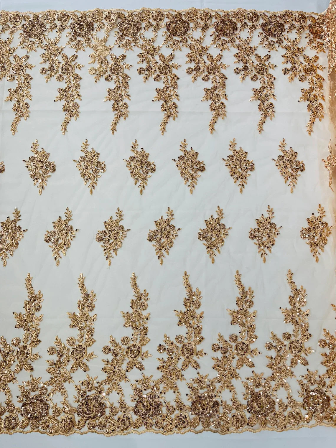 Beaded Rose Flower Fabric - Champagne - Embroidered Beaded Long Border Floral Fabric By Yard