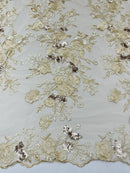 Sequins Lace Rose Design - Champagne - Embroidered Rose Plant Design on Lace Fabric Sold By Yard