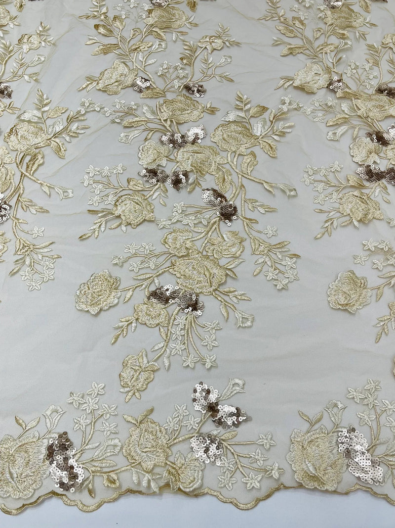 Sequins Lace Rose Design - Champagne - Embroidered Rose Plant Design on Lace Fabric Sold By Yard