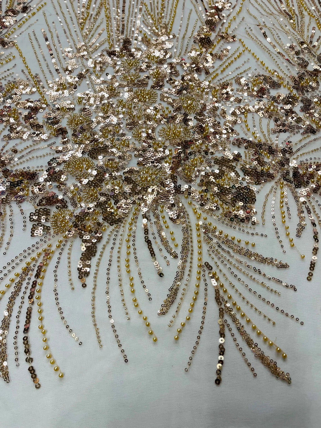 Beaded Floral Line Fabric - Champagne - Beaded Embroidered Lines and Flowers on Mesh By Yard