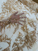 Leaf Plant Glitter Design Fabric - Champagne - Beaded Embroidered Leaves Design on Mesh By Yard