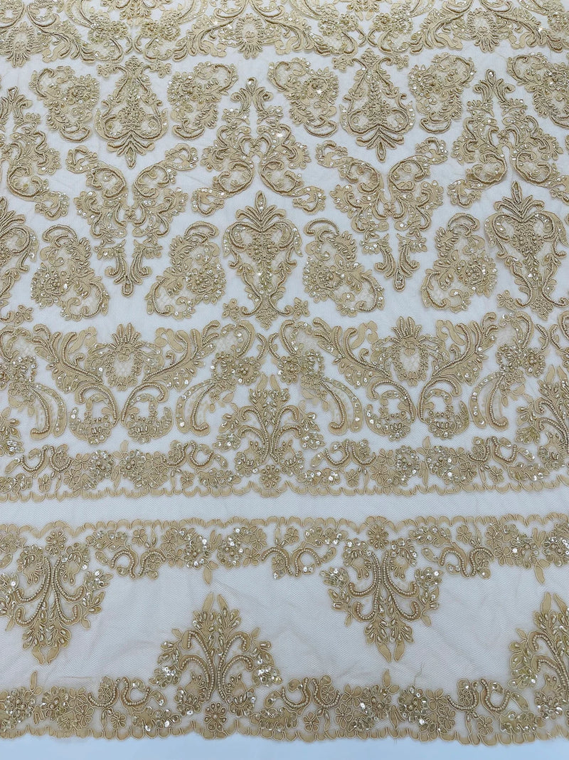 Beaded My Lady Damask Design - Champagne - Beaded Fancy Damask Embroidered Fabric By Yard