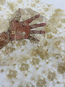 Embroidered Flower Fabric - Champagne - Floral Design Scalloped Border Fabric By Yard