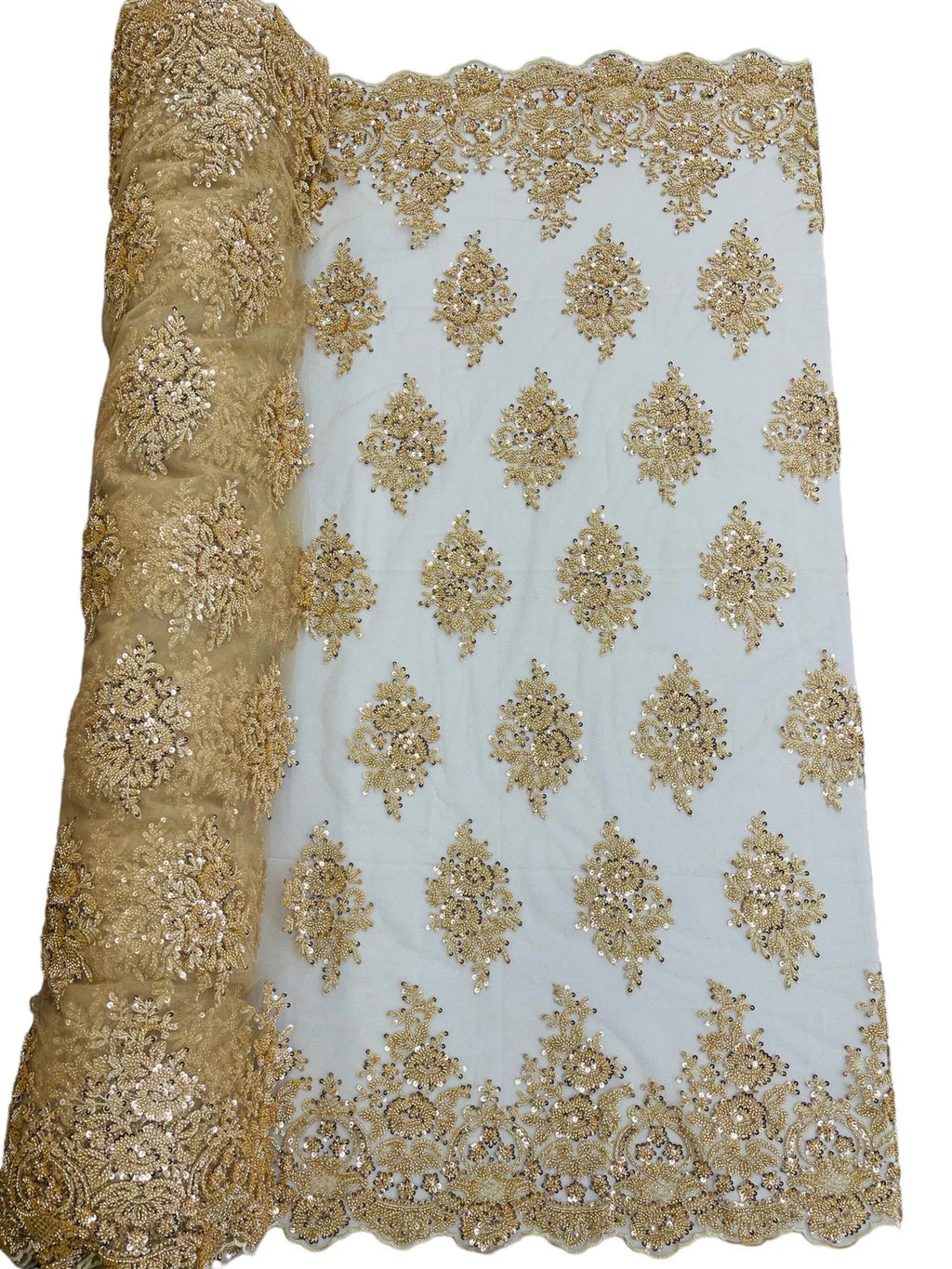 Heavy Beaded Floral Fabric - Champagne - Luxury Heavy Duty Bead Bridal Floral Cluster Lace Fabric by the yard