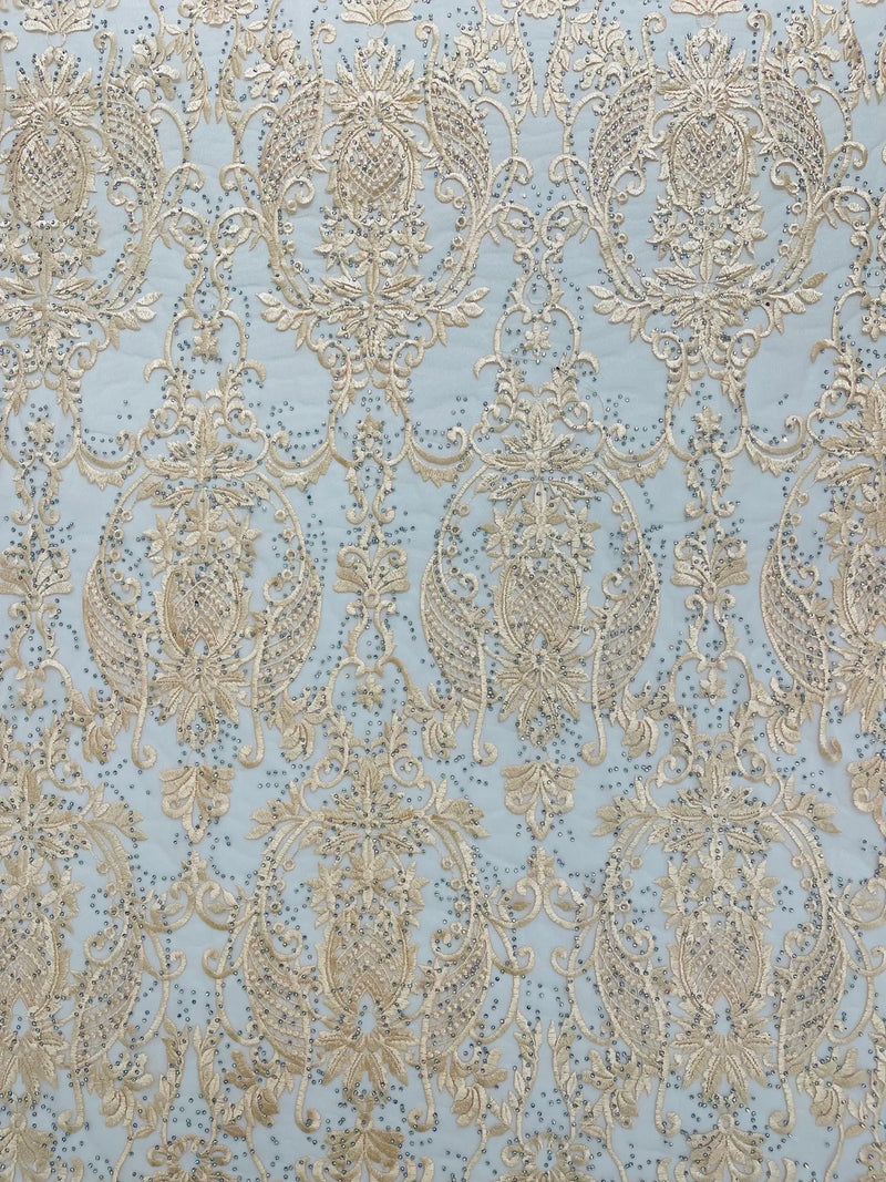Damask Rhinestone Fabric - Champagne - Beaded Embroidery Corded Lace Fabric Sold by Yard