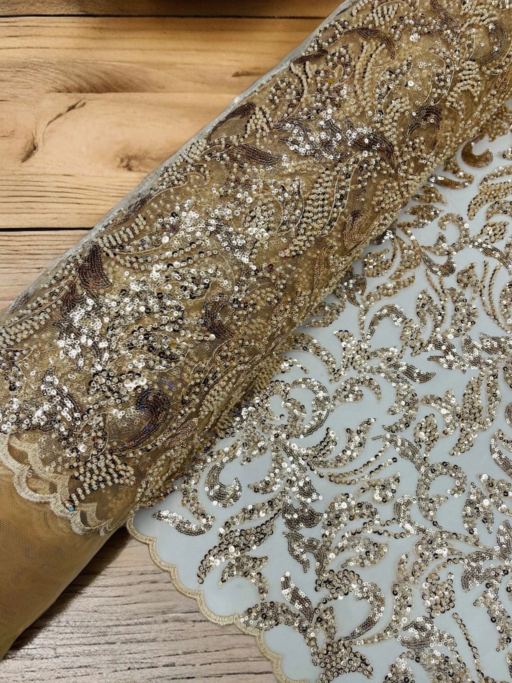 Beaded Flower Leaf Fabric - Champagne - Shiny Beads and Sequins in Flower Design on Lace by Yard