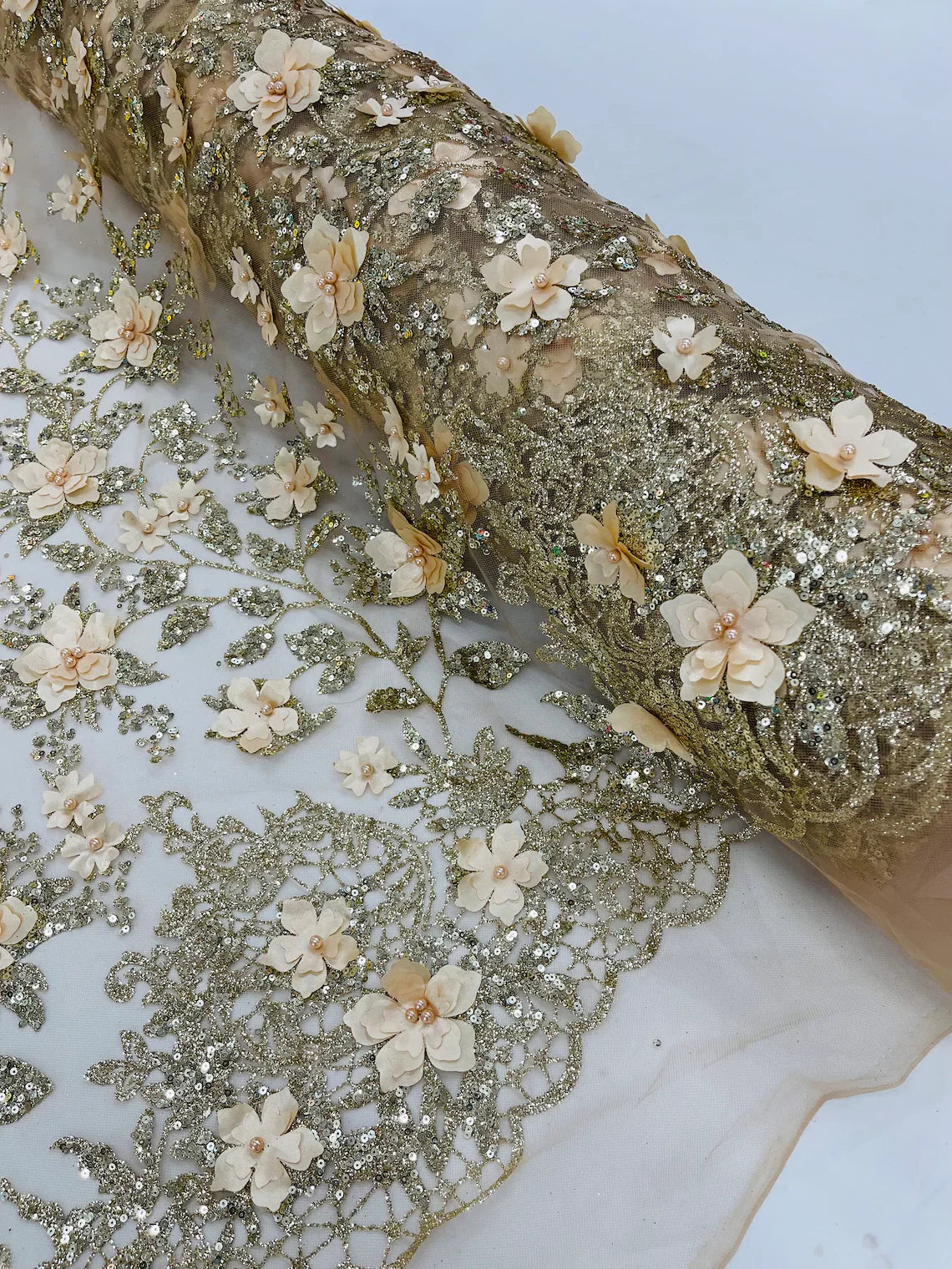 3D Flower Glitter Fabric - Champagne - Floral Glitter Sequin Design on Lace Mesh Fabric by Yard