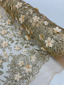 3D Flower Glitter Fabric - Champagne - Floral Glitter Sequin Design on Lace Mesh Fabric by Yard