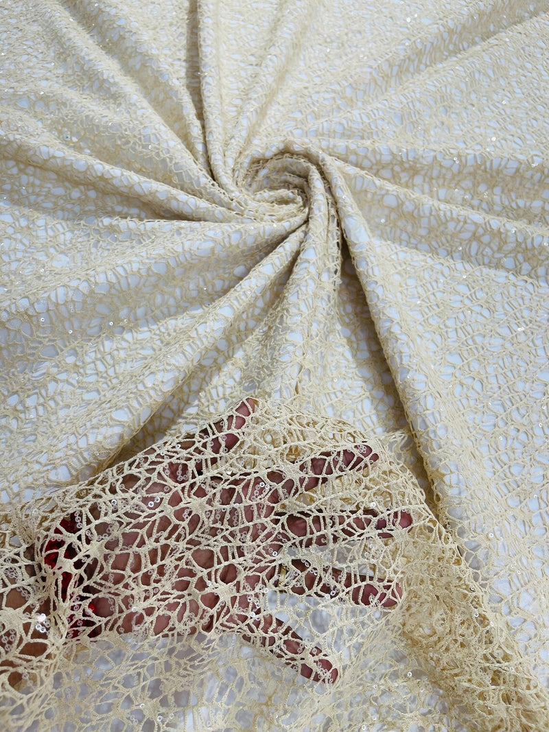 Cast Net Sequins Fabric - Champagne - Embroidery Fish Net Design Sequins Lace Fabric By Yard