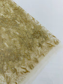 Flower Glitter Fabric - Champagne - 3D Floral Tulle Fabric for Wedding, Quinceañera By Yard